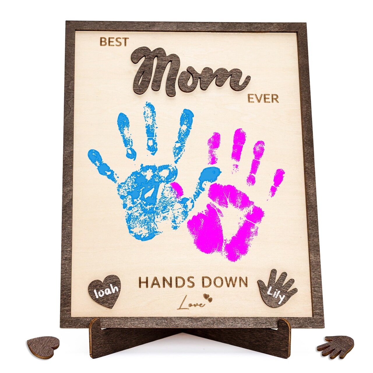 Personalized Best Mom Ever Gifts - Wooden Keepsake Sign with Kids Handprint Art, Custom Ink Name, DIY Craft Kit for Mother's Day, Handmade Family Decor, Unique Birthday Gift Idea for Mom